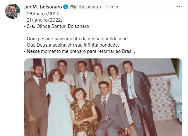 Mãe de Bolsonaro morre aos 94 anos