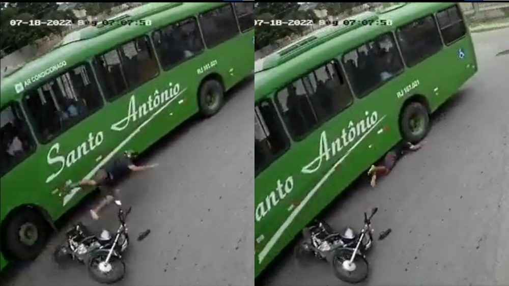 VÍDEO: Motoclista é salvo por capacete após cair e ir parar embaixo da roda de ônibus