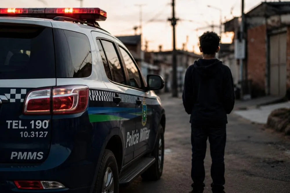 Imagem ilustrativa mostra viatura da Polícia Militar e adolescente de costas; PEC que reduz a maioridade penal para 16 anos avançou na Câmara dos Deputados nesta quarta-feira (10) - Imagem ilustrativa