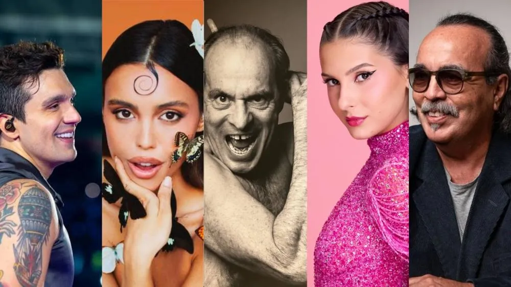 Da esquerda para a direita: Luan Santana, Dora Sanches, Ney Matogrosso, Ana Castela e Guilherme Rondon, cinco nomes ligados a Mato Grosso do Sul que participam de trabalhos indicados ao Grammy Latino de 2026