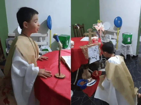 Menino com sete anos quer ser padre e já celebra missa com fiés de 'quatro patas'