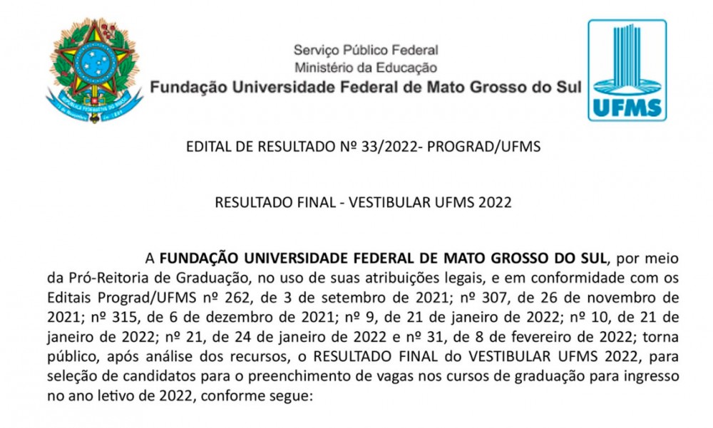 UFMS antecipa divulgação da lista dos aprovados no Vestibular; confira