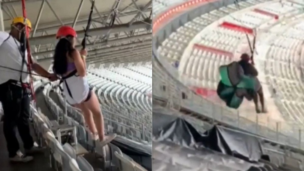 VÍDEO: Adolescente de 14 anos despenca de tirolesa em estádio de futebol